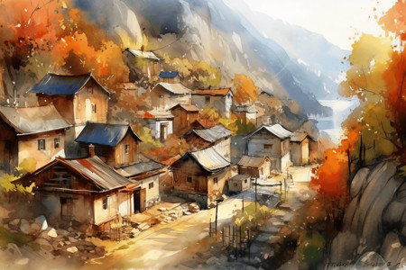 彩色水墨群山环绕的村庄背景图片