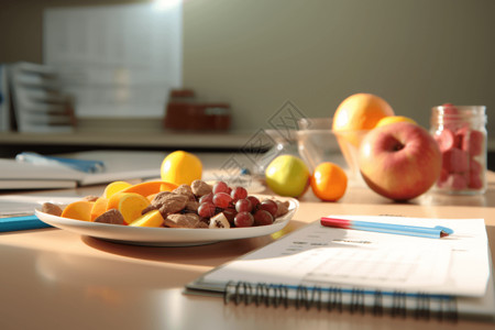 桌面上的笔记本桌面上的水果餐饮设计图片