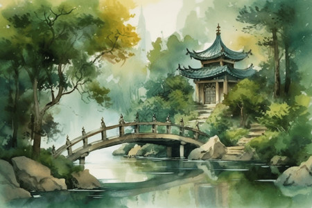 小桥流水寺庙图片