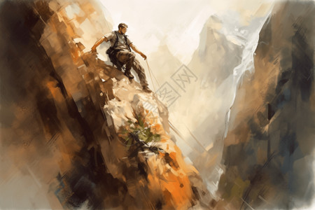 一幅攀岩者登上陡峭岩石面的画图片