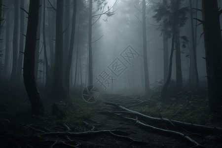 雾气滚滚的森林背景图片