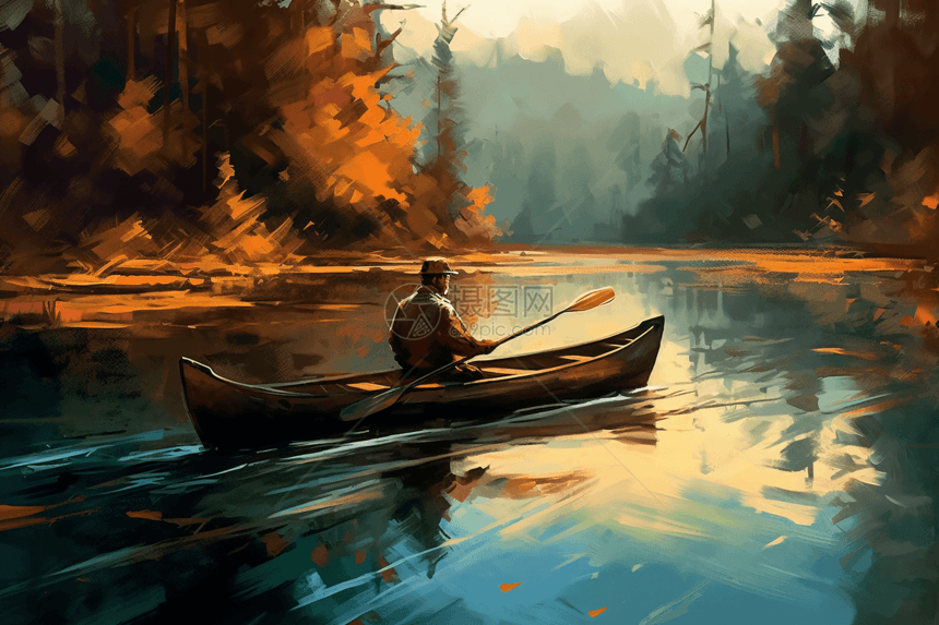 划独木舟的秋季风景艺术插画图片