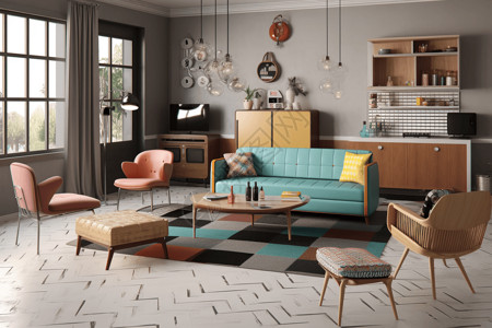 老式沙发现代风格的家居概念图设计图片