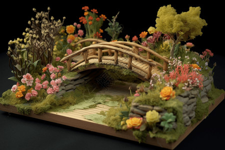 小木桥鲜花3D粘土花园背景