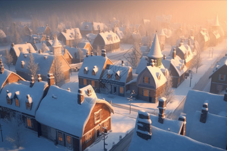 村庄街道积雪覆盖的房屋设计图片