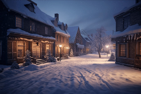 夜晚村庄积雪覆盖的街道设计图片