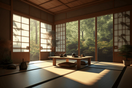 日式花园简约舒适的茶室背景