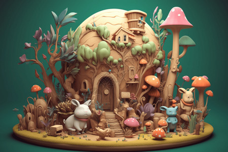 兔子屋创意可爱的粘土屋背景