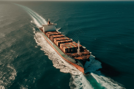 航拍海面货船驶过的水域设计图片