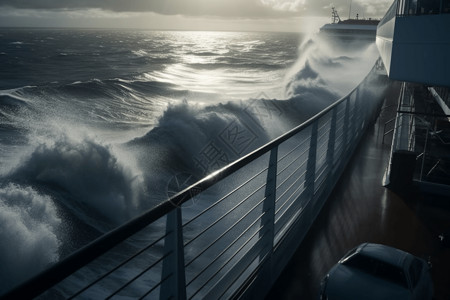 船栏杆海浪上的货船设计图片