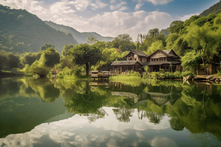 窗外湖景古朴的小屋设计图片