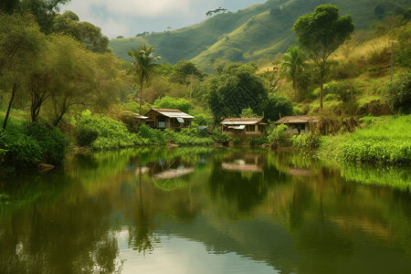乡村池塘风景如画的湖景设计图片