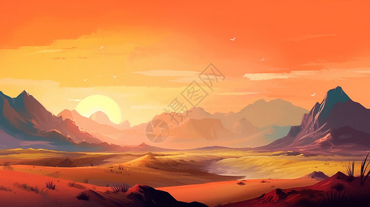 夕阳下广阔的沙漠风景背景图片