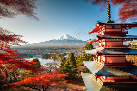 秋天的富士山和Nakaritota寺图片背景图片