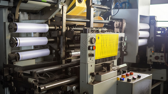 不干胶印刷现代印刷厂的印刷机特写设计图片