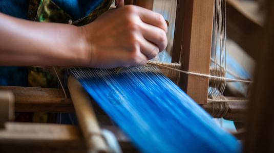 紧握妇女双手在织机上编织蓝色背景