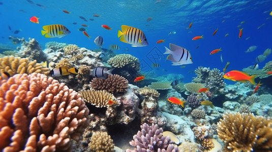 海底生物热带鱼海底的热带鱼和珊瑚概念图设计图片