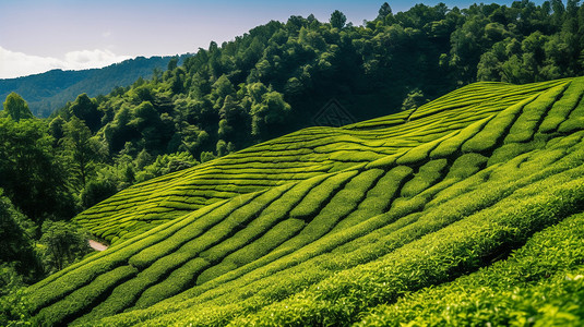 绿茶田遍布山区背景图片