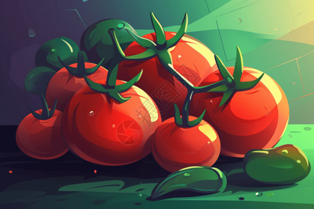 绿色鲜嫩的豆角鲜嫩的番茄插画