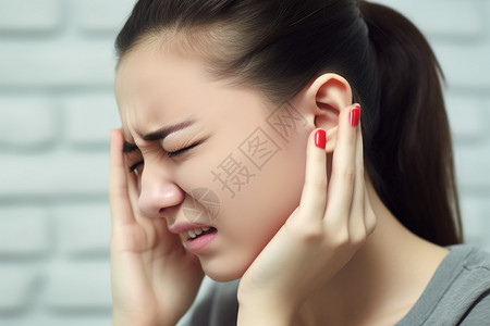 年轻女子耳痛中耳炎特写图背景图片