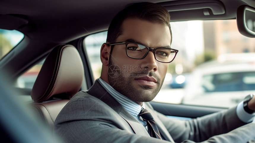开车时戴眼镜的商人肖像图片图片