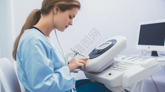 年轻孕妇由医生进行超声检查背景