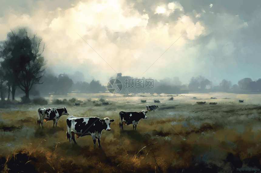 在田野中吃草的奶牛图片