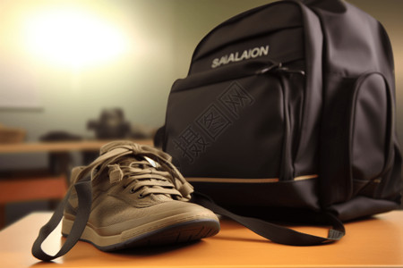 教室桌上的书包和球鞋背景图片