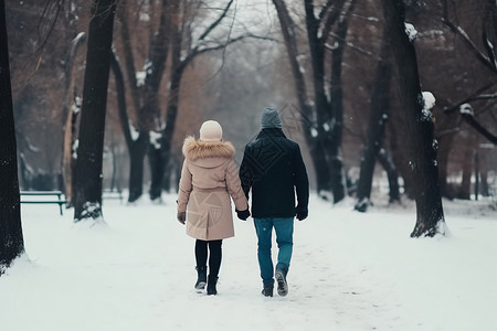 在冬季公园里散步的情侣高清图片