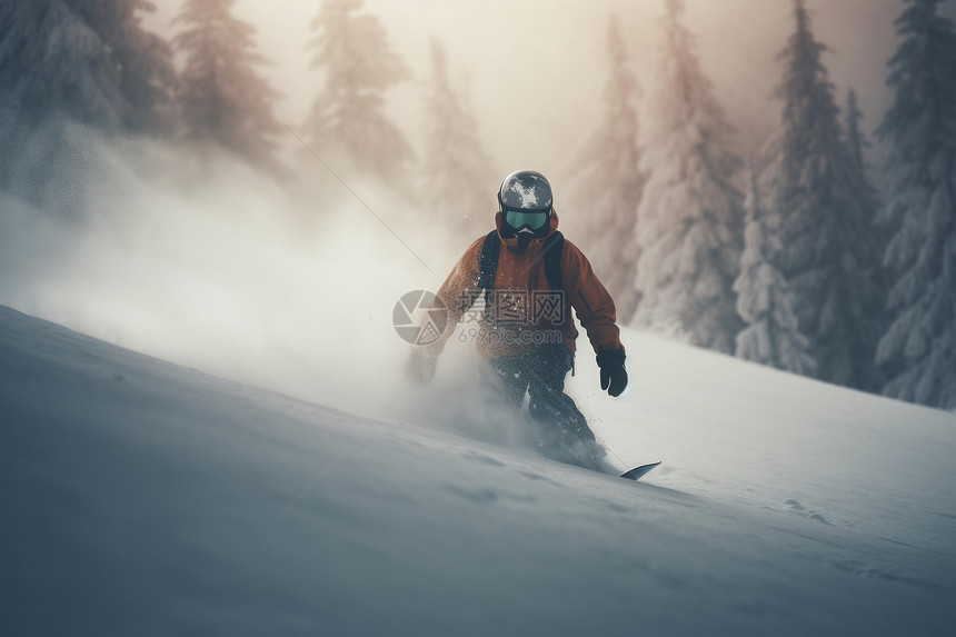 森林雪地里的滑雪者图片