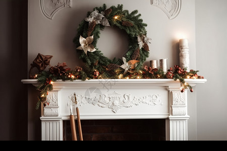 壁炉上的美丽的圣诞花环图片
