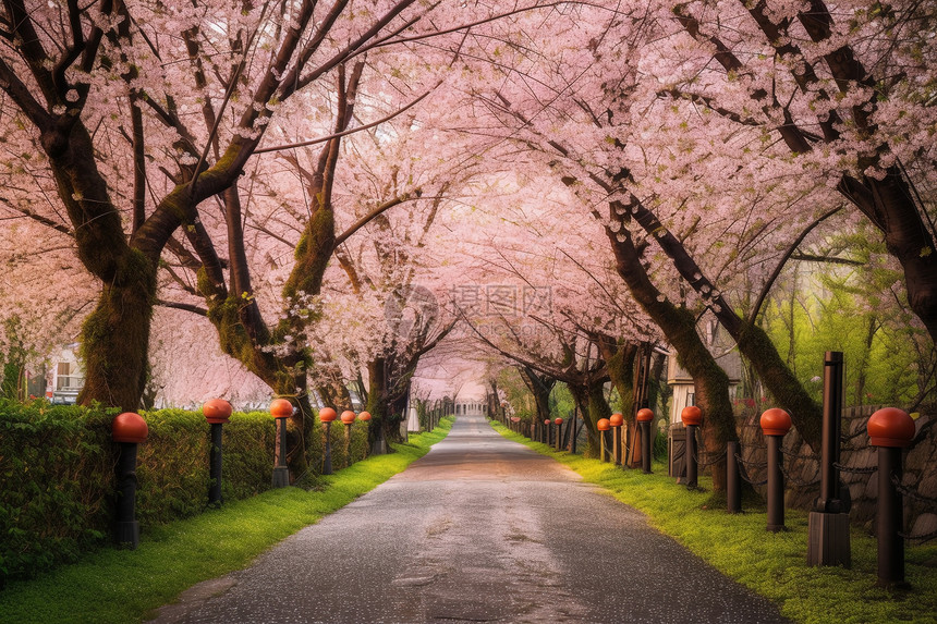 路旁的一排排樱花树图片
