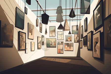 走廊文化悬挂的艺术展览空间插画