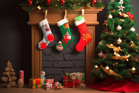 礼物袜子圣诞袜和节日圣诞树背景