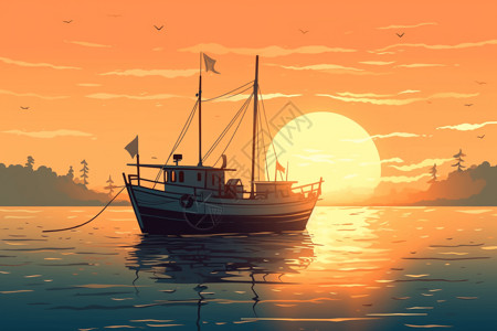 海浪之美夕阳正美插画