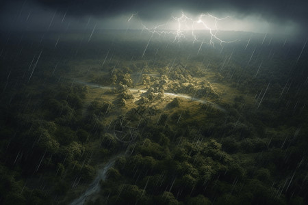 炫目的闪电森林一场雨高清图片