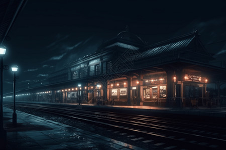晚上霓虹灯照明的火车站图片