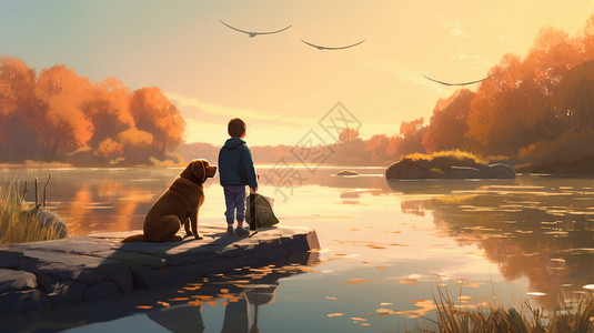 孩子和狗在湖边享受风景图片
