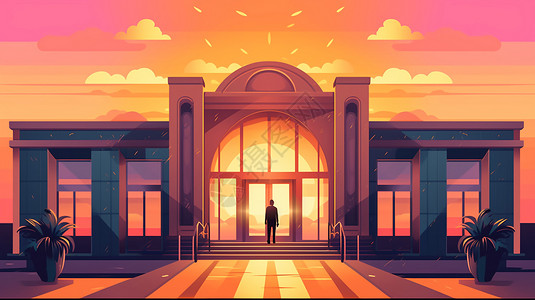 大楼夕阳美术馆大楼的入口插画