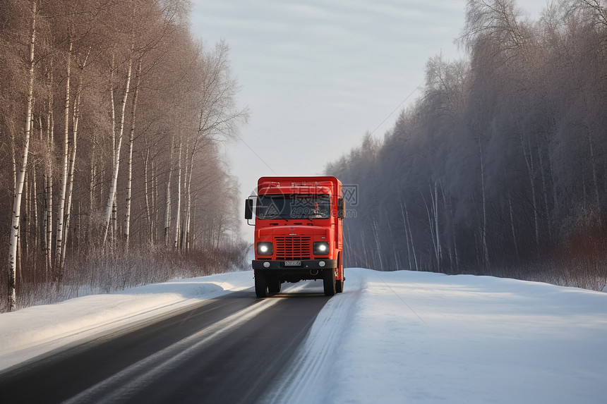 冬季道路上的红色卡车图片