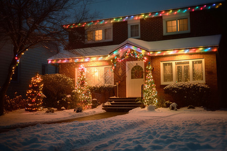 圣诞房子素材房子装饰着圣诞灯背景