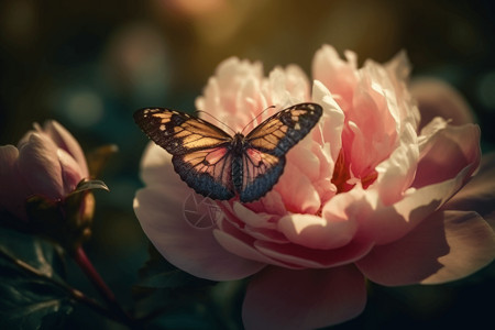 白牡丹花蝴蝶停在牡丹花上设计图片