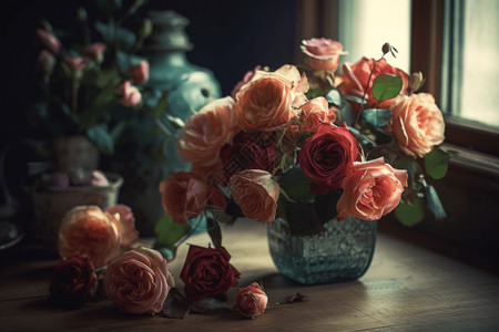 古董桌上的玫瑰高清图片