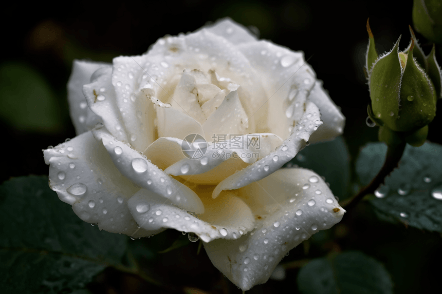 露珠白玫瑰的特写镜头图片