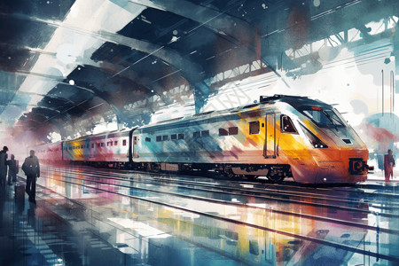 车站列车的水彩插图图片