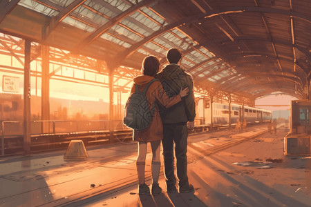 夫妇在火车站拥抱插画