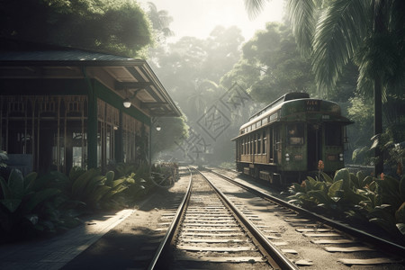 树林中的火车站设计图片