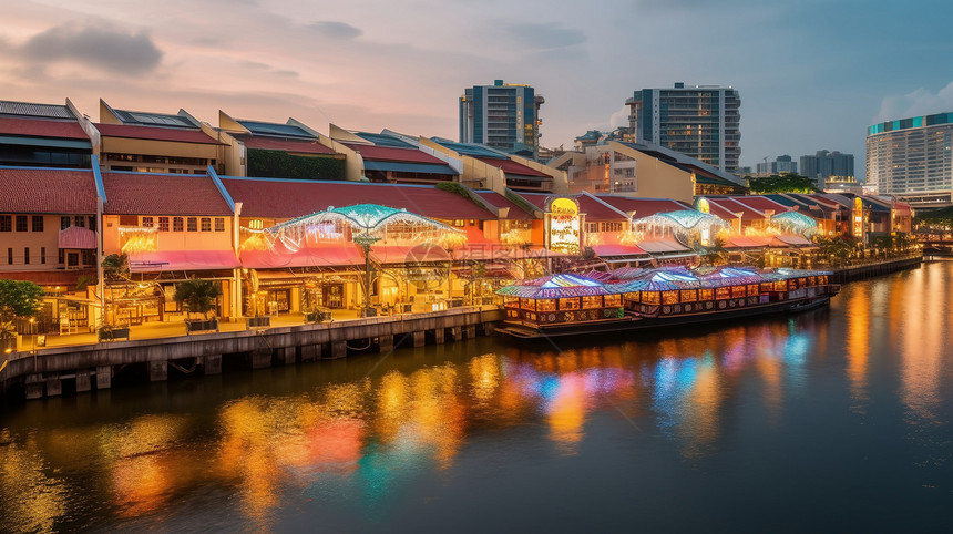 新加坡克拉码头五颜六色的灯光图片