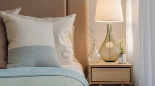 木制床卧室桌子上的玻璃台灯设计图片