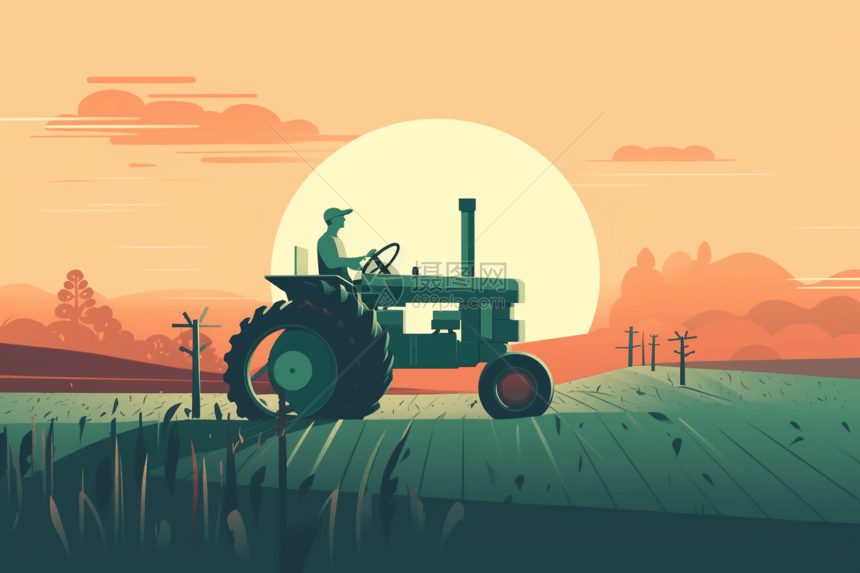 一位农民驾驶拖拉机穿过一片庄稼图片